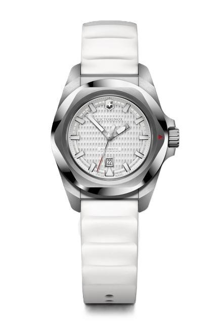 VictorInox Swiss Army I.N.O.X. Small Automatic Watch with a White Dial, White Rubber Strap, and a 32mm Case