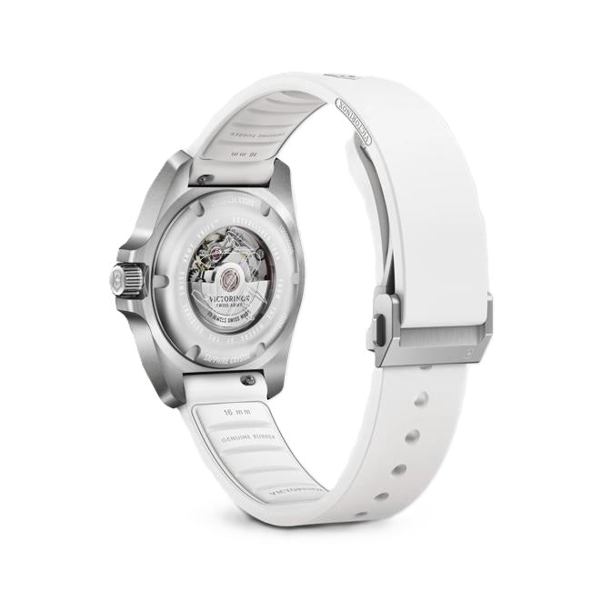 VictorInox Swiss Army I.N.O.X. Small Automatic Watch with a White Dial, White Rubber Strap, and a 32mm Case