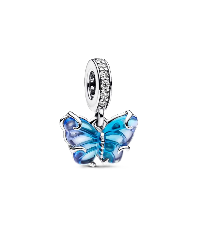Pandora Blue Murano Glass Butterfly Dangle Charm in Sterling Silver with Clear Cubic Zirconia Accents on the bail
