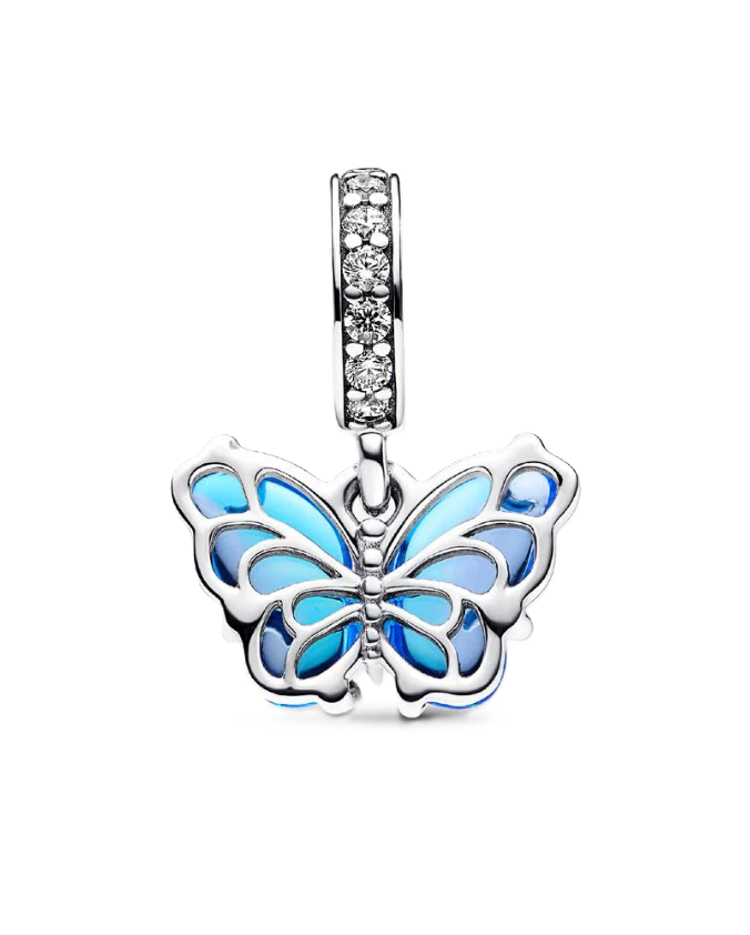 Pandora Blue Murano Glass Butterfly Dangle Charm in Sterling Silver with Clear Cubic Zirconia Accents on the bail