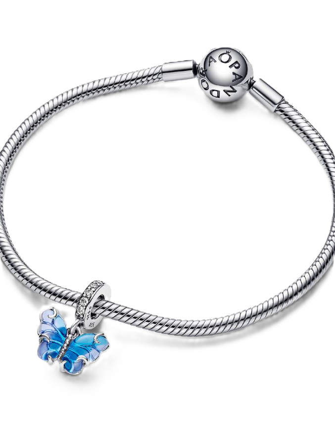 Pandora Blue Murano Glass Butterfly Dangle Charm in Sterling Silver with Clear Cubic Zirconia Accents on the bail
