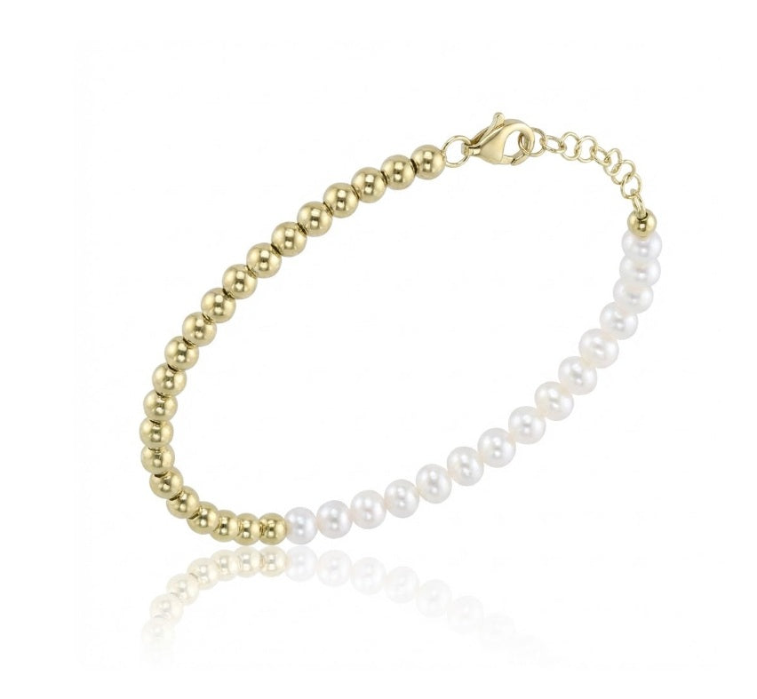 Cultured Pearl & Gold Ball Chain Bracelet | 14K Yellow Gold | Pearl Half Chain Bracelet - Brownee Jewelers
