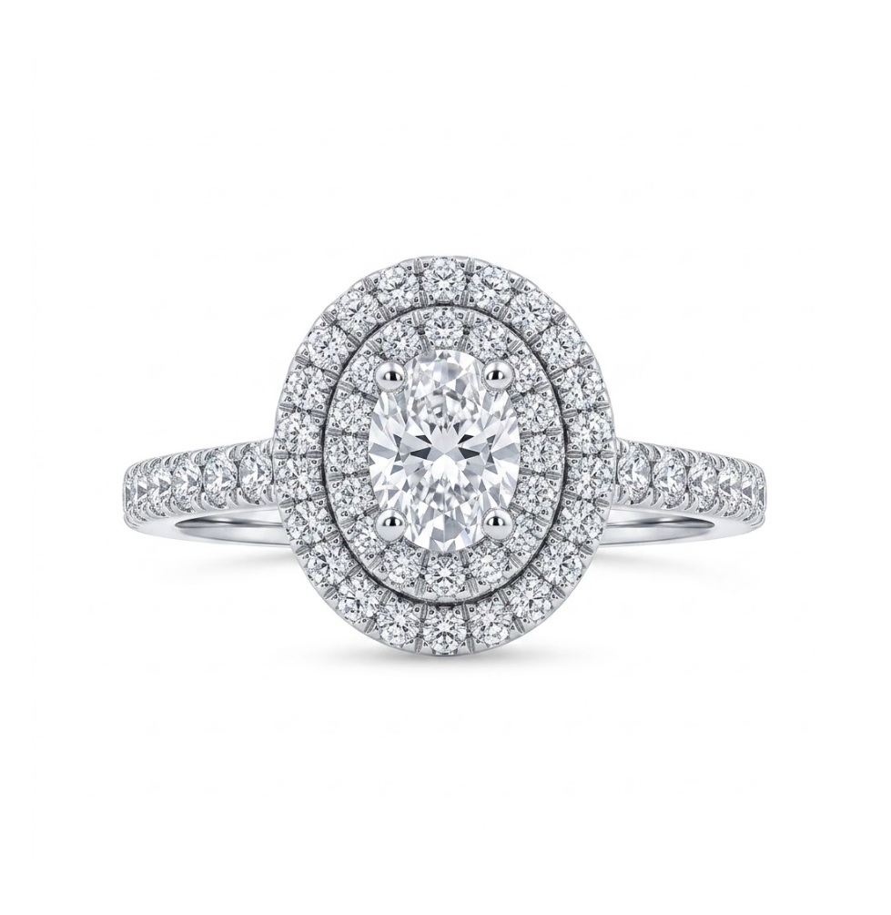 Oval Double Halo Diamond Ring | 14K White Gold | .38 CT Oval Center Diamond | MJMG90412SCMO14W - Brownee Jewelers
