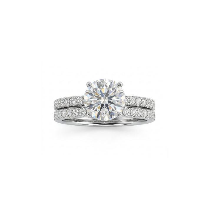 Round Lab-Grown Diamond Bridal Ring Set | 14K White Gold | Engagement Ring Set | Pavé Bands | 1.00 ct Center | 1.49 ctw - Brownee Jewelers