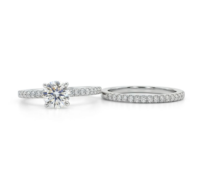 Round Lab-Grown Diamond Bridal Ring Set | 14K White Gold | Engagement Ring Set | Pavé Bands | 1.00 ct Center | 1.49 ctw - Brownee Jewelers