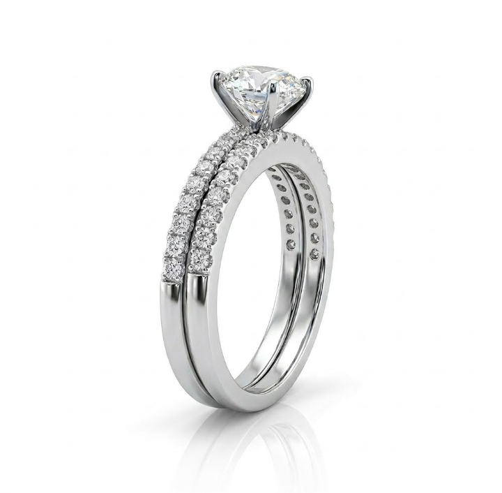 Round Lab-Grown Diamond Bridal Ring Set | 14K White Gold | Engagement Ring Set | Pavé Bands | 1.00 ct Center | 1.49 ctw - Brownee Jewelers