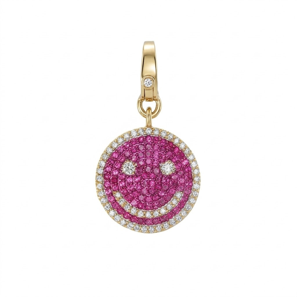 Pink Smiley Pendant in 14kt Yellow Gold with .66 Total Carat Weight Round Pink Sapphires and .41 Carat Round Diamond