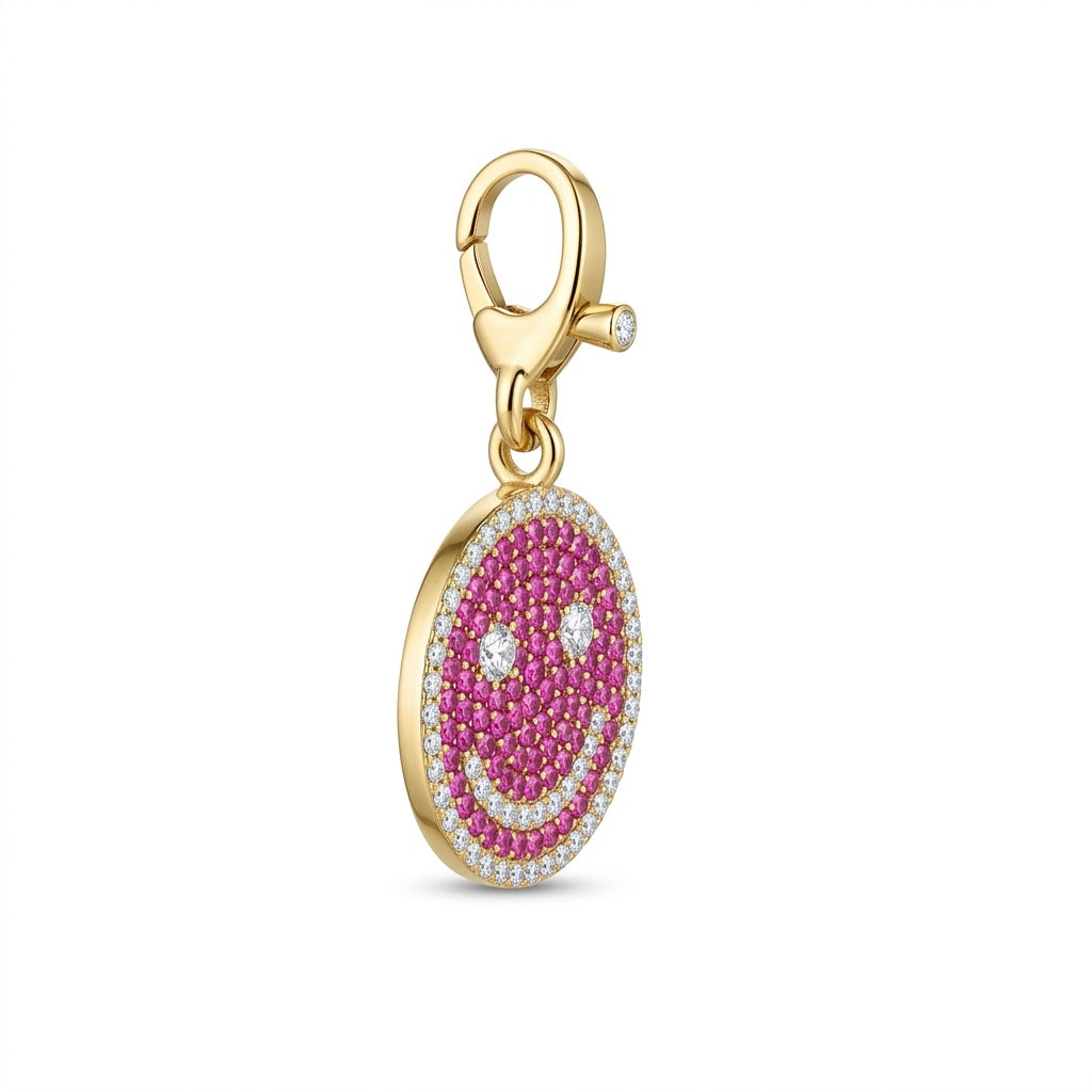 Pink Smiley Pendant in 14kt Yellow Gold with .66 Total Carat Weight Round Pink Sapphires and .41 Carat Round Diamond