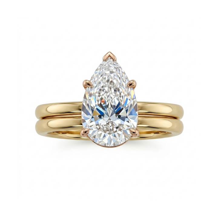 Pear Lab-Grown Diamond Solitaire Bridal Ring Set | 14K Yellow Gold | 1.88 CT, VS2, F Color| Classic Matching Band - Brownee Jewelers
