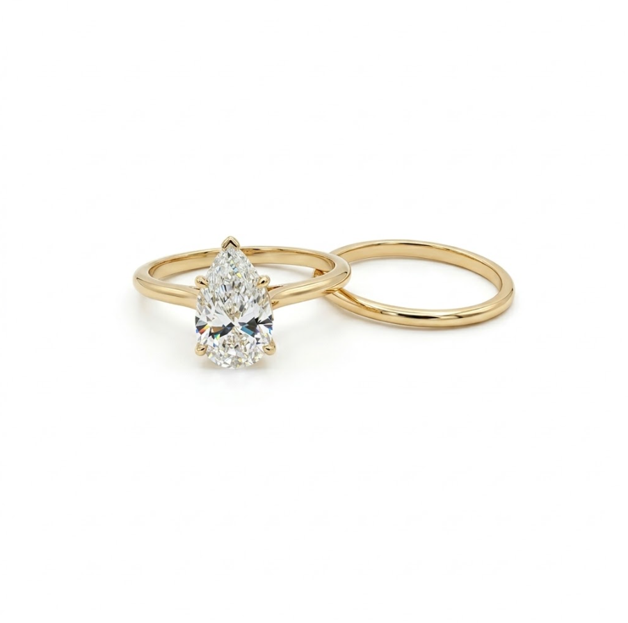 Pear Lab-Grown Diamond Solitaire Bridal Ring Set | 14K Yellow Gold | 1.88 CT, VS2, F Color| Classic Matching Band - Brownee Jewelers