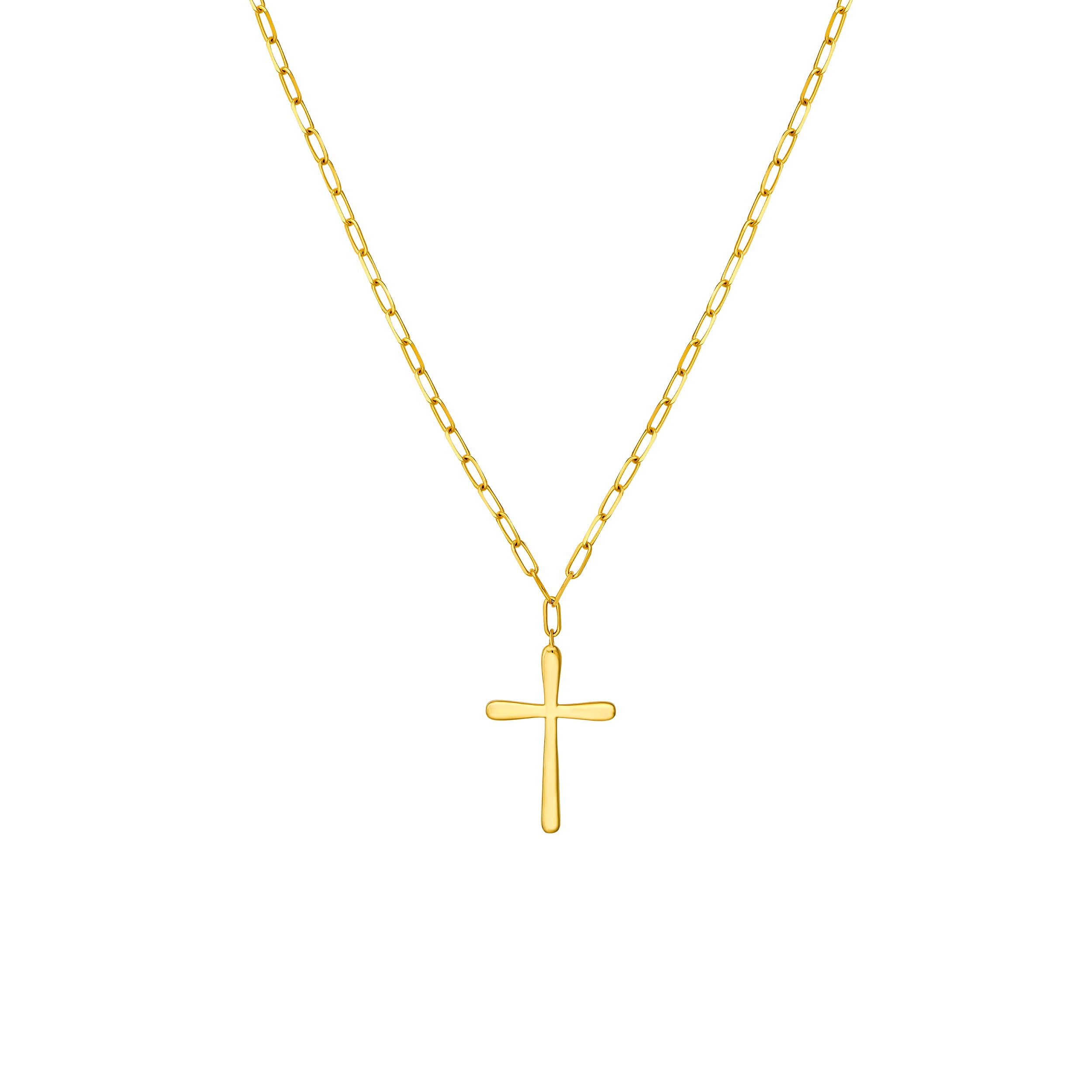 14K Yellow Gold 3D Cross Pendant Necklace on Paperclip Chain 18 Inch