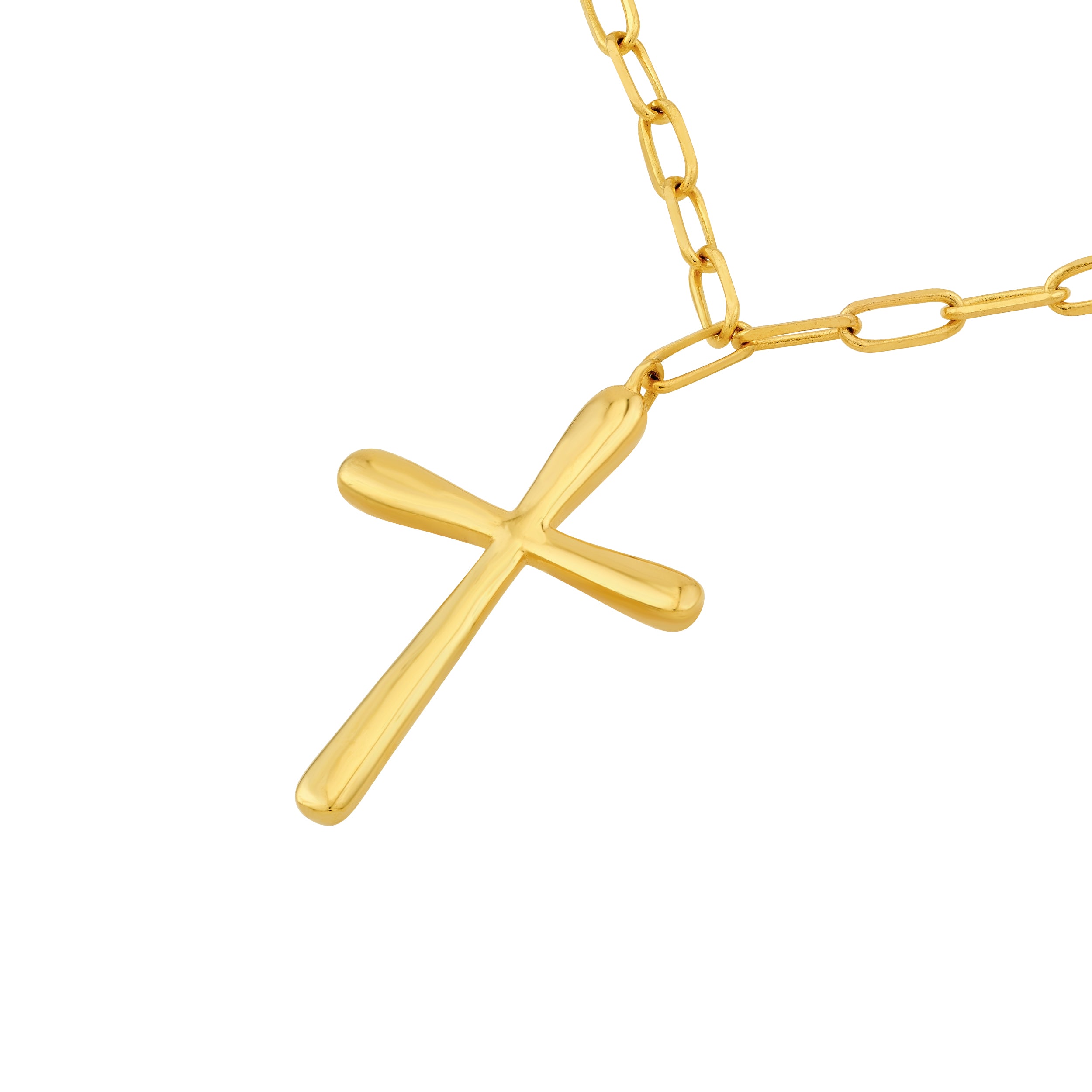 14K Yellow Gold 3D Cross Pendant Necklace on Paperclip Chain 18 Inch