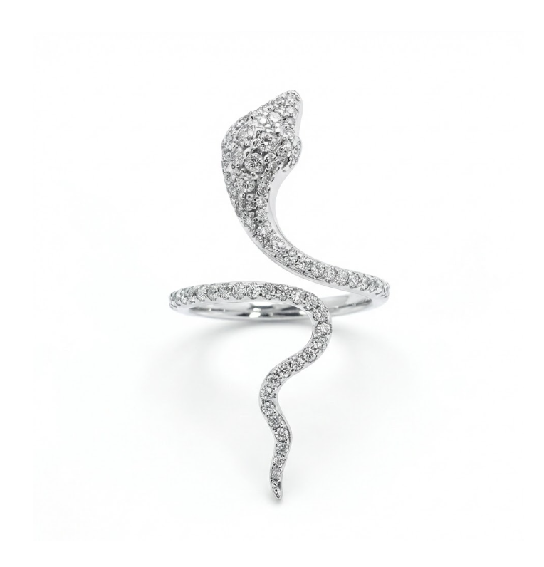 Diamond Snake Ring | 0.62 ctw Round Brilliant | 14K White Gold | Pave Wrap Design