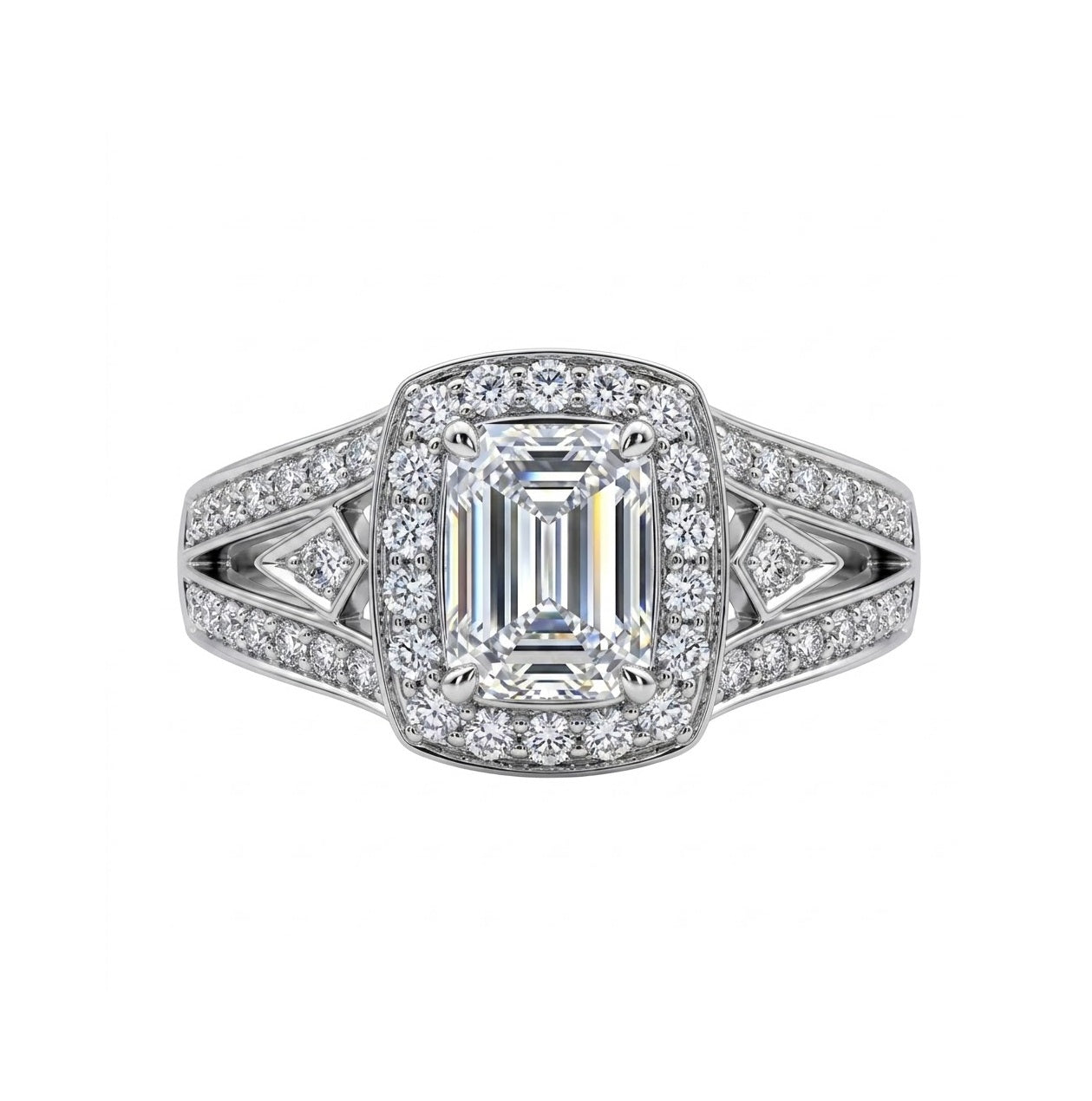 18K White Gold Emerald-Cut Diamond Halo Ring | 0.50 CT Center