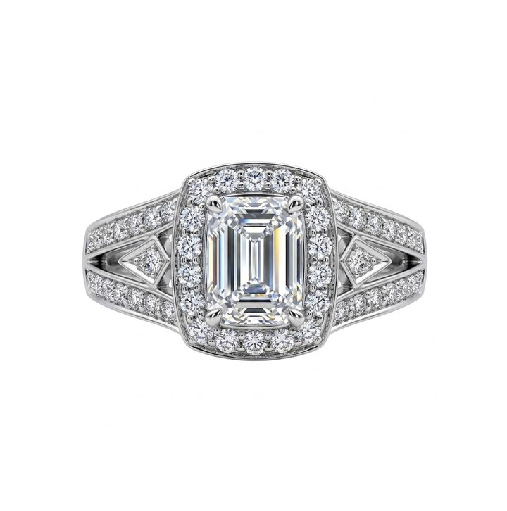 Emerald-Cut Split Shank Diamond Halo Ring | 18K White Gold | 0.50 CT Emerald-Cut Center Diamond with Round Diamond Halo - Brownee Jewelers