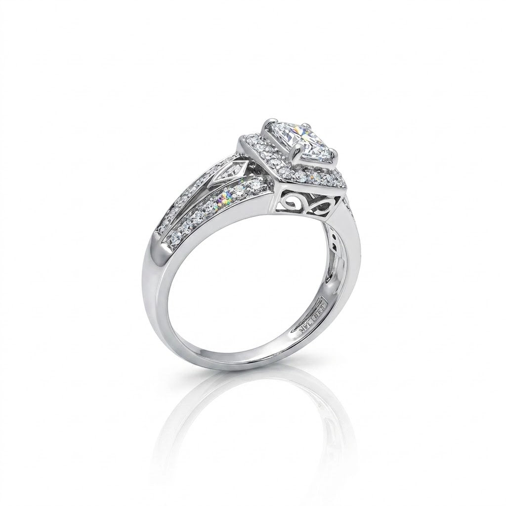 18K White Gold Emerald-Cut Diamond Halo Ring | 0.50 CT Center