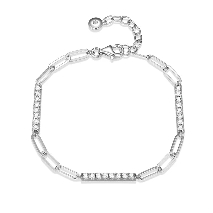 Sterling Silver DiaLite Cubic Zirconia Bar & Paperclip Link Chain Bracelet