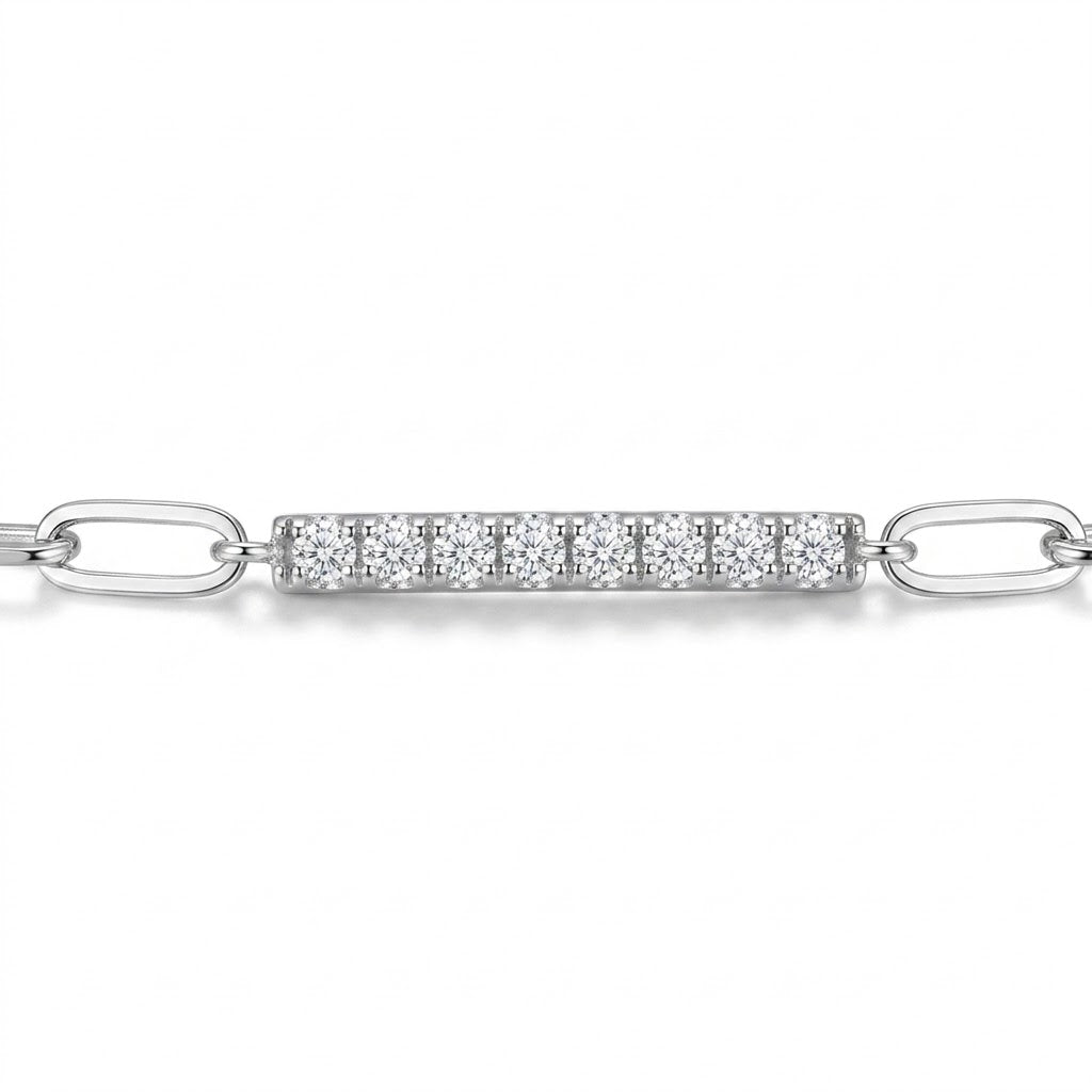 Sterling Silver DiaLite Cubic Zirconia Bar & Paperclip Link Chain Bracelet