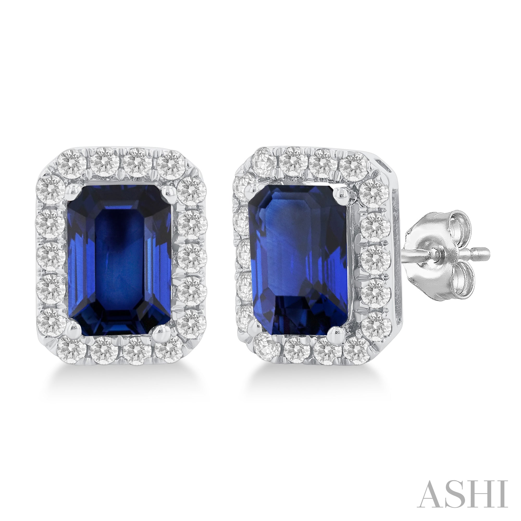 Sapphire & Diamond Halo Stud Earrings | 14K White Gold | 0.25 ctw - Brownee Jewelers