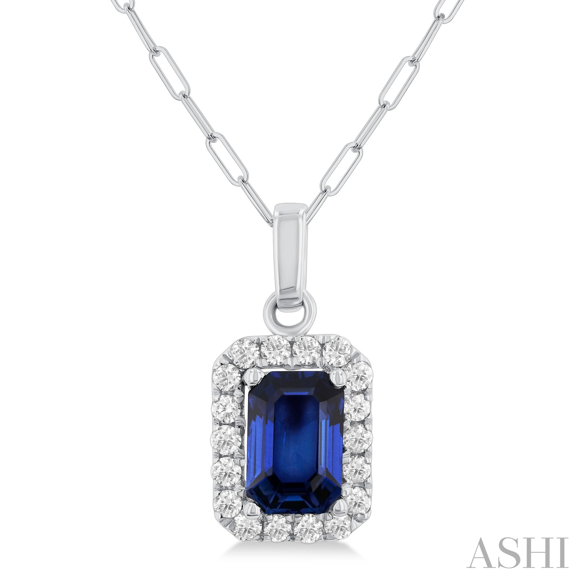 Sapphire & Diamond Halo Pendant | 14K White Gold | 0.15 ctw - Brownee Jewelers