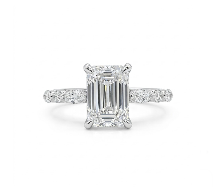 3.63 ctw Lab-Grown Diamond Engagement Ring | 14K White Gold | 3.11 ct Emerald Cut VS2/E | Marquise & Round Diamond Accents - Brownee Jewelers