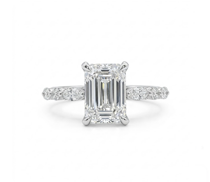 3.63 ctw Lab-Grown Diamond Engagement Ring | 14K White Gold | 3.11 ct Emerald Cut VS2/E | Marquise & Round Diamond Accents - Brownee Jewelers