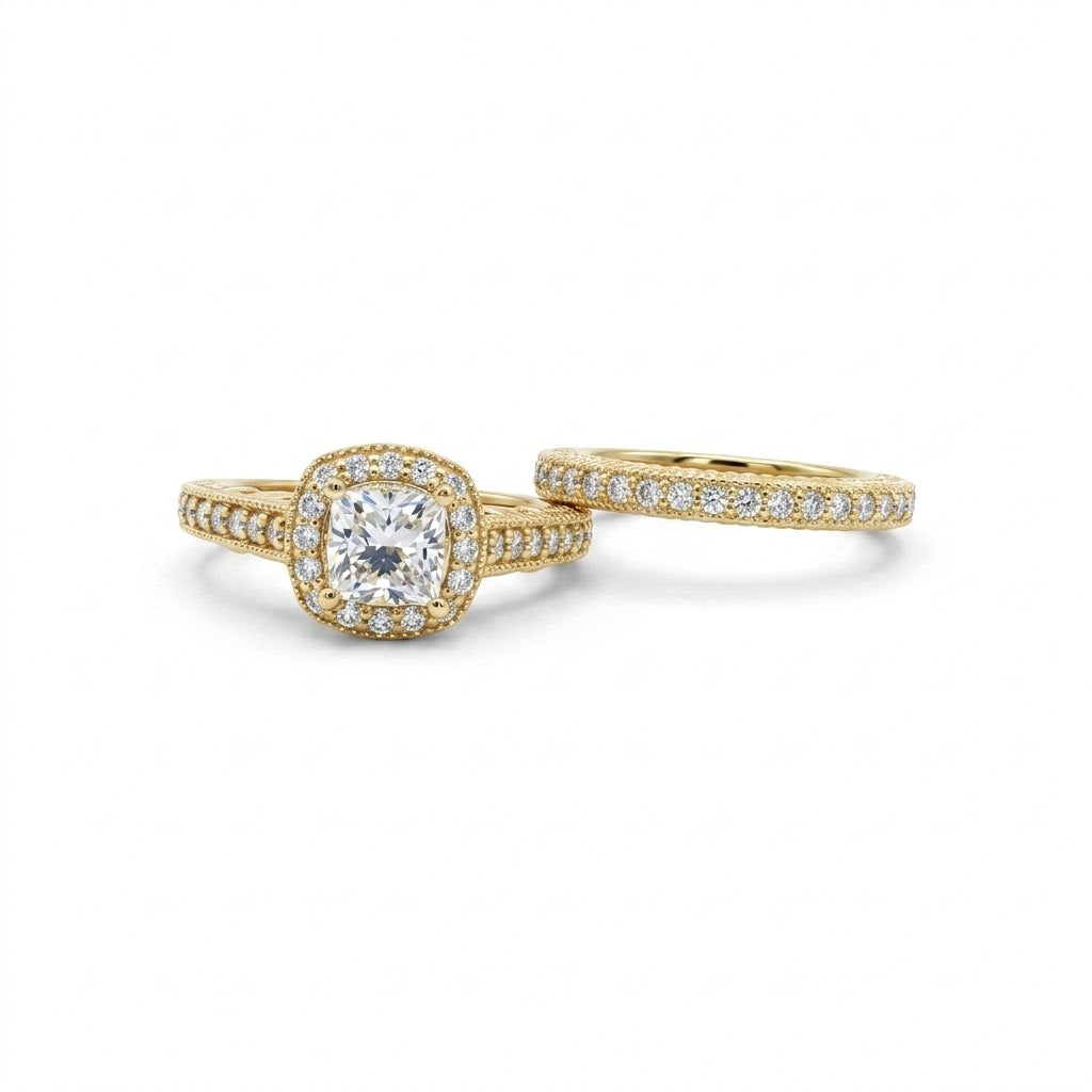 Princess Cut Diamond Bridal Set | 14K Yellow Gold | Halo Diamond Engagement Ring Set | Approx. 1 CT Center - Brownee Jewelers