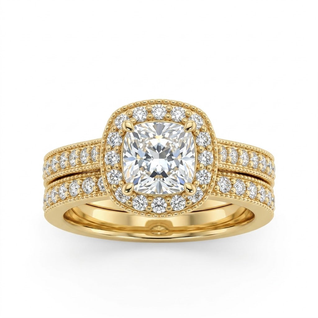 Princess Cut Diamond Bridal Set | 14K Yellow Gold | Halo Diamond Engagement Ring Set | Approx. 1 CT Center - Brownee Jewelers