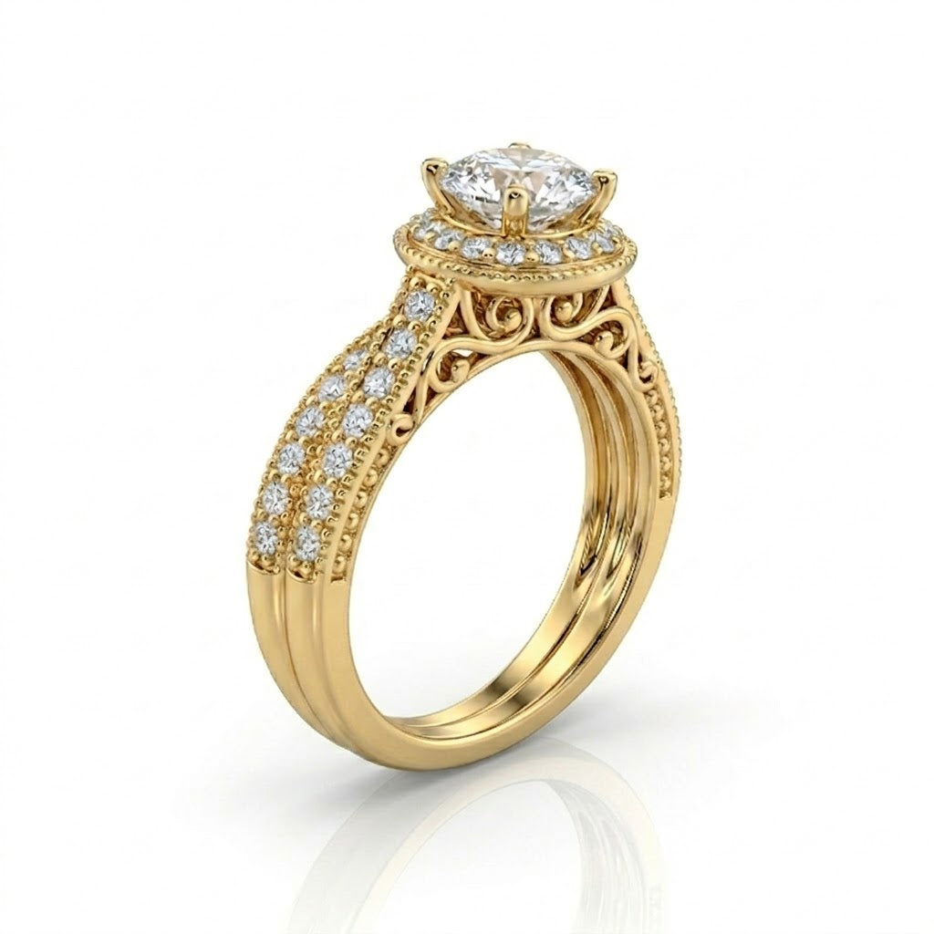 Princess Cut Diamond Bridal Set | 14K Yellow Gold | Halo Diamond Engagement Ring Set | Approx. 1 CT Center - Brownee Jewelers