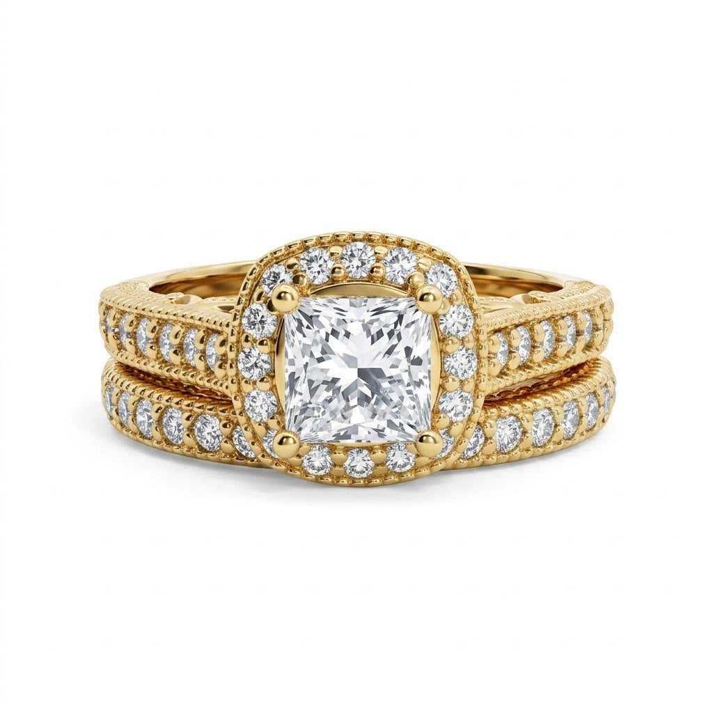 Princess Cut Diamond Bridal Set | 14K Yellow Gold | Halo Diamond Engagement Ring Set | Approx. 1 CT Center - Brownee Jewelers