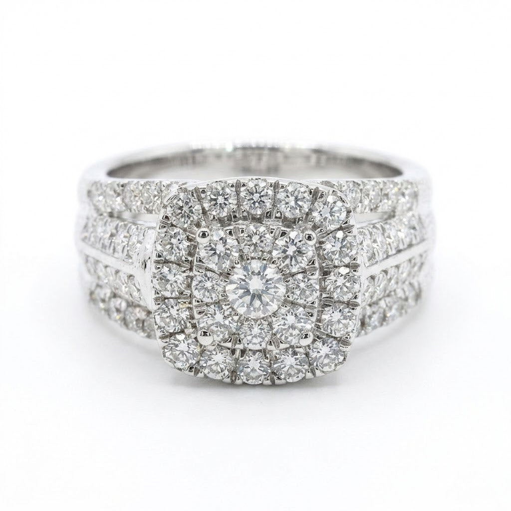 2.00 ctw Round Diamond Cluster Ring | 10K White Gold | Cushion Halo Split Shank - Brownee Jewelers