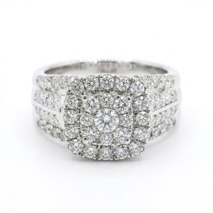 2.00 ctw Round Diamond Cluster Ring | 10K White Gold | Cushion Halo Split Shank - Brownee Jewelers