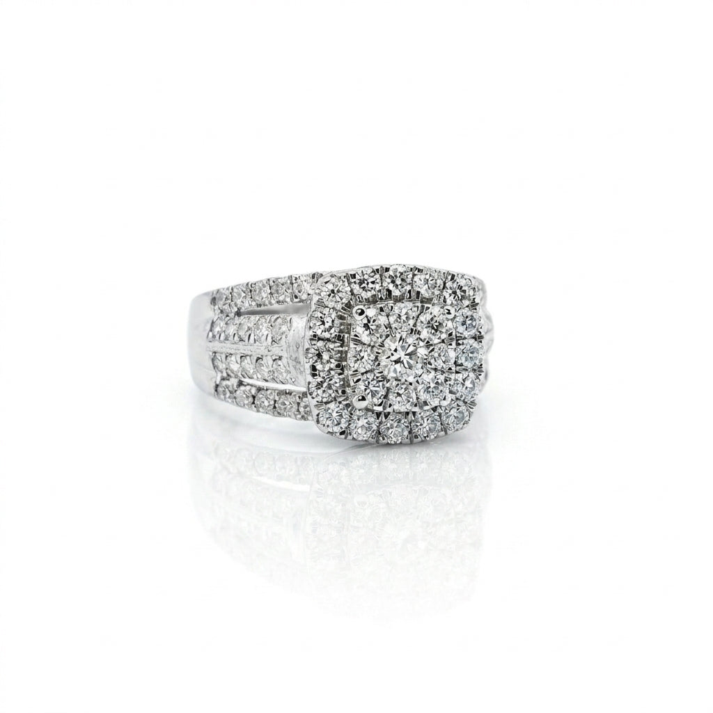 2.00 ctw Round Diamond Cluster Ring | 10K White Gold | Cushion Halo Split Shank - Brownee Jewelers