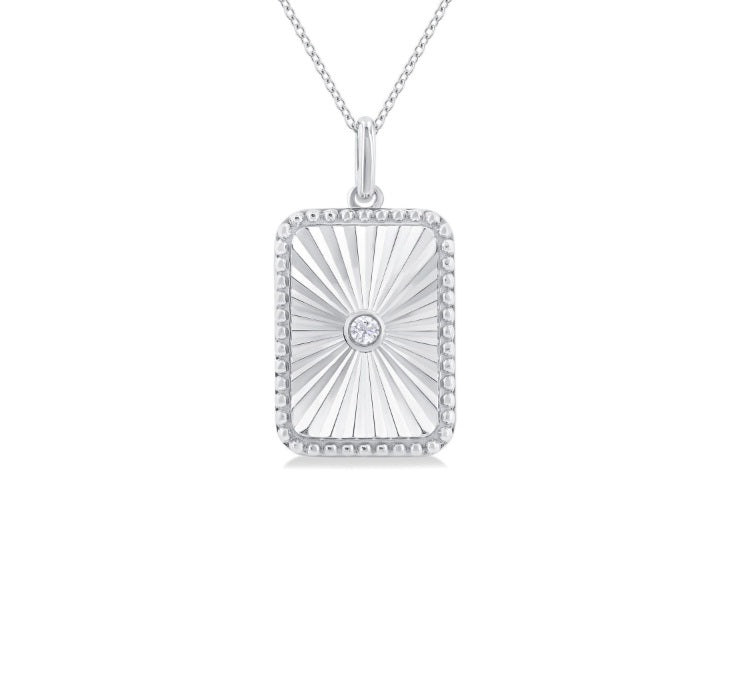 Sterling Silver Rectangular Fluted Medallion Diamond Pendant Necklace – 1/20 CTW