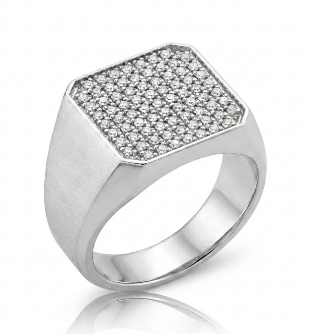 Diamond Signet Ring | 10K White Gold | 0.63 ctw Round Diamonds | Pavé Square Face | Size 10 (Resizable) - Brownee Jewelers