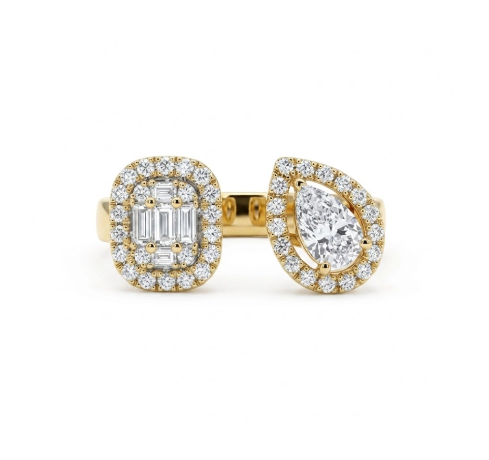 Pear & Baguette Diamond Halo Ring | 14K Yellow Gold | 0.72 ctw | Fashion Ring - Brownee Jewelers