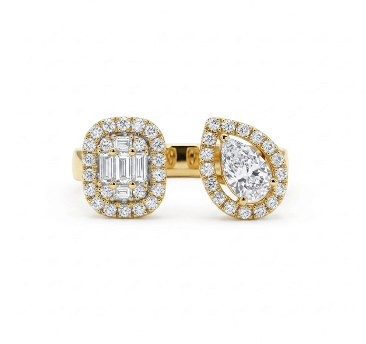 Pear & Baguette Diamond Halo Ring | 14K Yellow Gold | 0.72 ctw | Fashion Ring - Brownee Jewelers