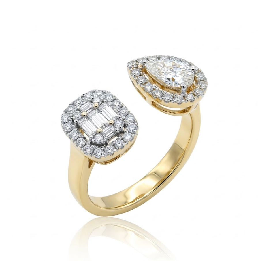 Pear & Baguette Diamond Halo Ring | 14K Yellow Gold | 0.72 ctw | Fashion Ring - Brownee Jewelers