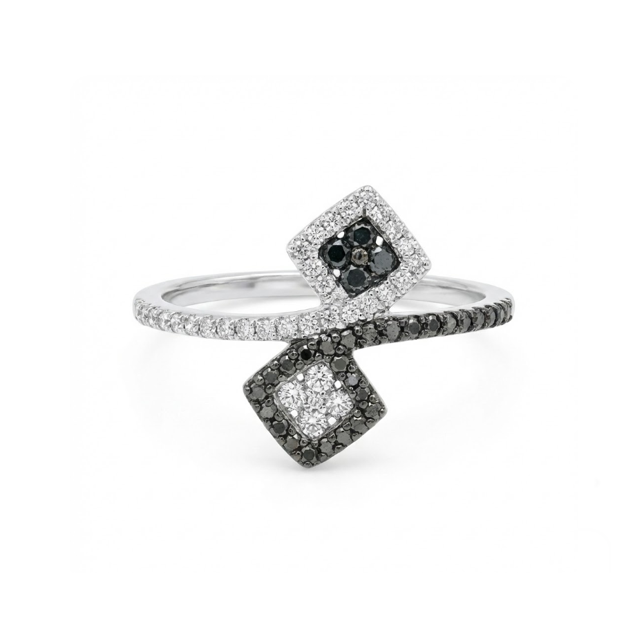 Black & White Diamond Geometric Ring | 10K White Gold | Split Band Modern Design - Brownee Jewelers