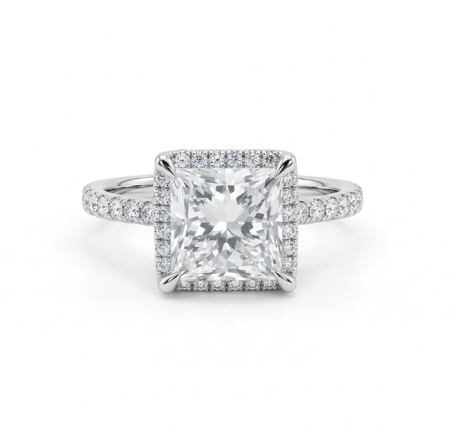 Princess-Cut Lab-Grown Diamond Halo Ring | 14K White Gold | 3.08 ct Center, 3.47 ctw | Pavé Diamond Band - Brownee Jewelers