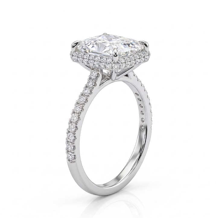 Princess-Cut Lab-Grown Diamond Halo Ring | 14K White Gold | 3.08 ct Center, 3.47 ctw | Pavé Diamond Band - Brownee Jewelers
