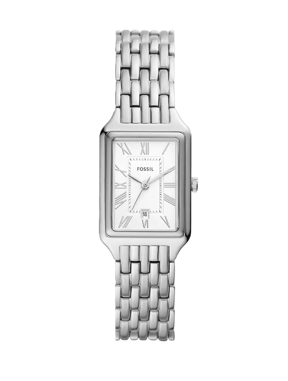 Raquel Three-Hand Date Watch | Fossil | Stainless Steel | Rectangular Silver Dial | Date Display - Brownee Jewelers