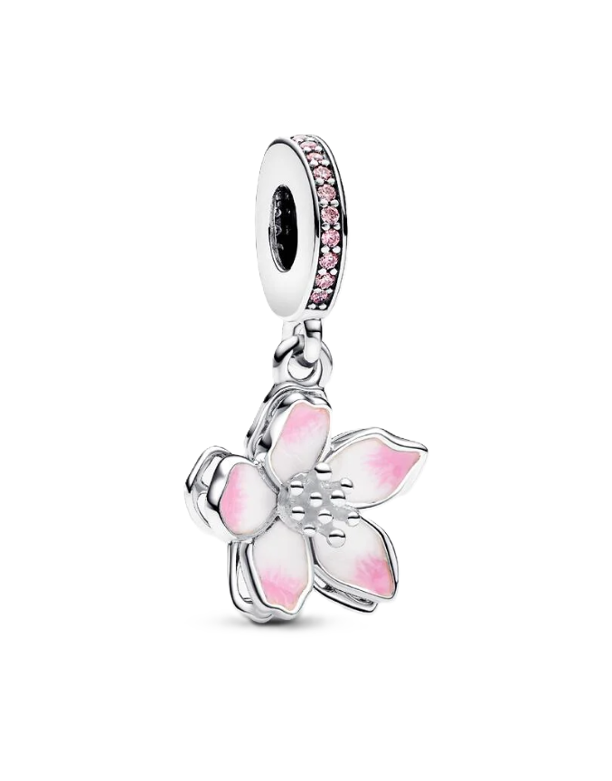 Pandora Movable Cherry Blossom Dangle Charm with Pink and White Hand-Applied Enamel and Pink Cubic Zirconia Accents on the Bail