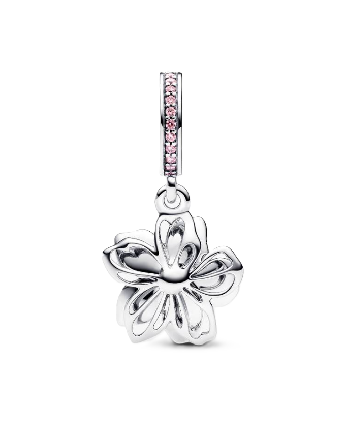Pandora Movable Cherry Blossom Dangle Charm with Pink and White Hand-Applied Enamel and Pink Cubic Zirconia Accents on the Bail