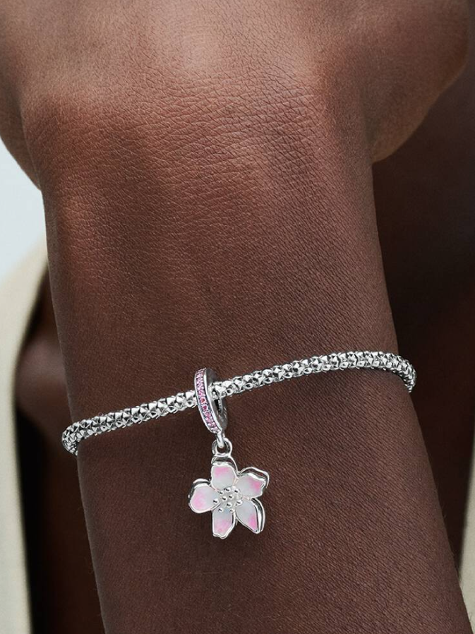 Pandora Movable Cherry Blossom Dangle Charm with Pink and White Hand-Applied Enamel and Pink Cubic Zirconia Accents on the Bail