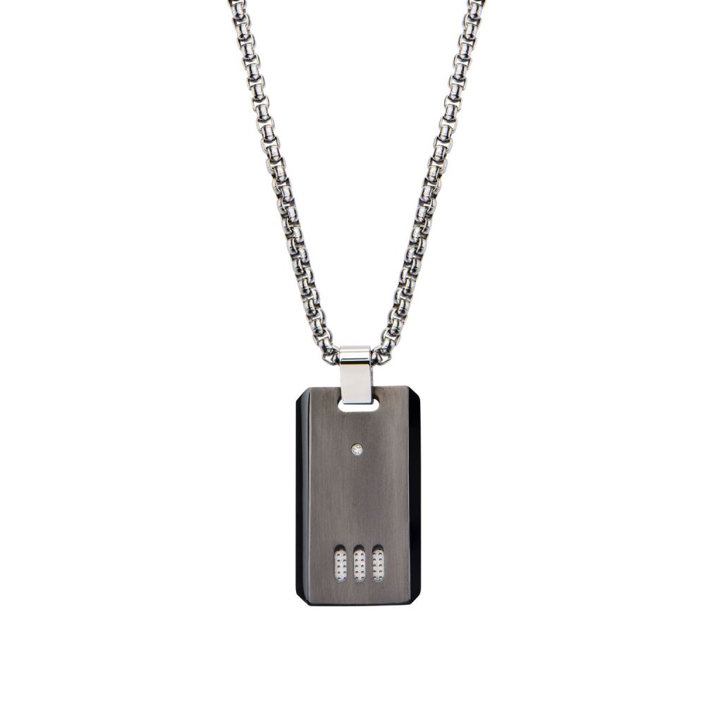 Black IP Gun Metal Finish with CZ Dog Tag Pendant with Chain 22"