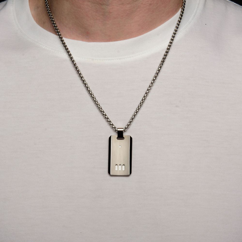 Black IP Gun Metal Finish with CZ Dog Tag Pendant with Chain 22"