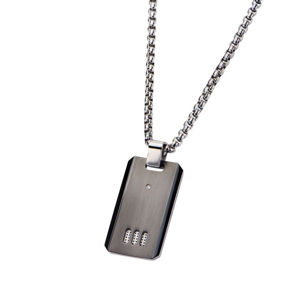 Black IP Gun Metal Finish with CZ Dog Tag Pendant with Chain 22"