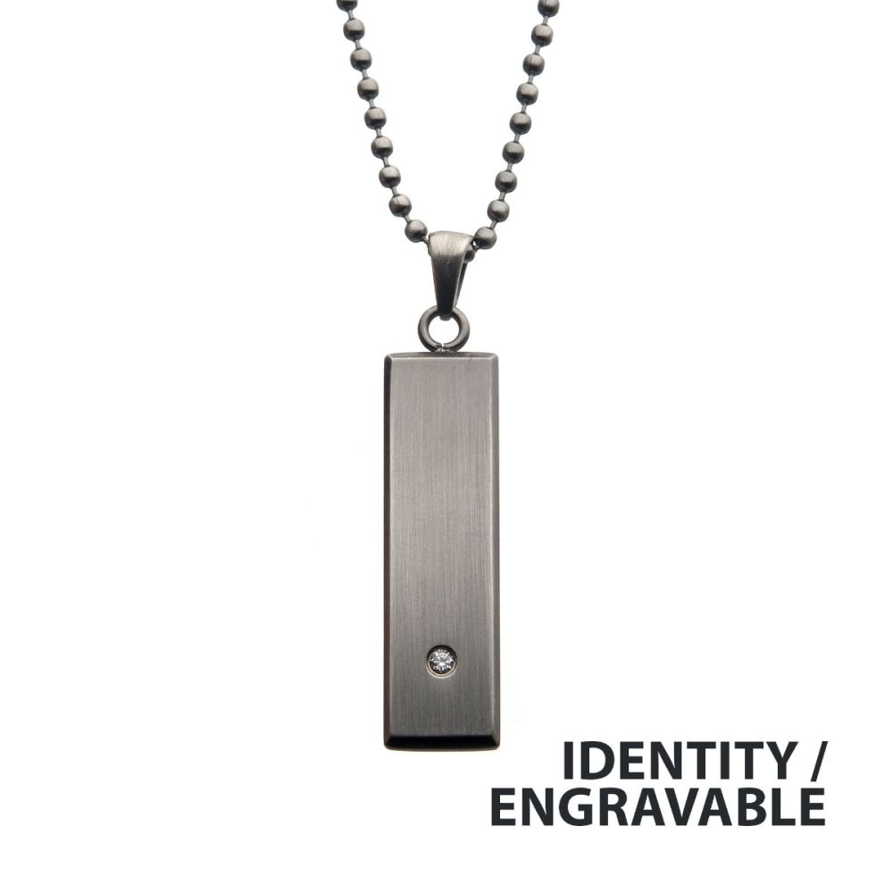 Stainless Steel with 2mm Clear CZ Tag Pendant with Ball Chain