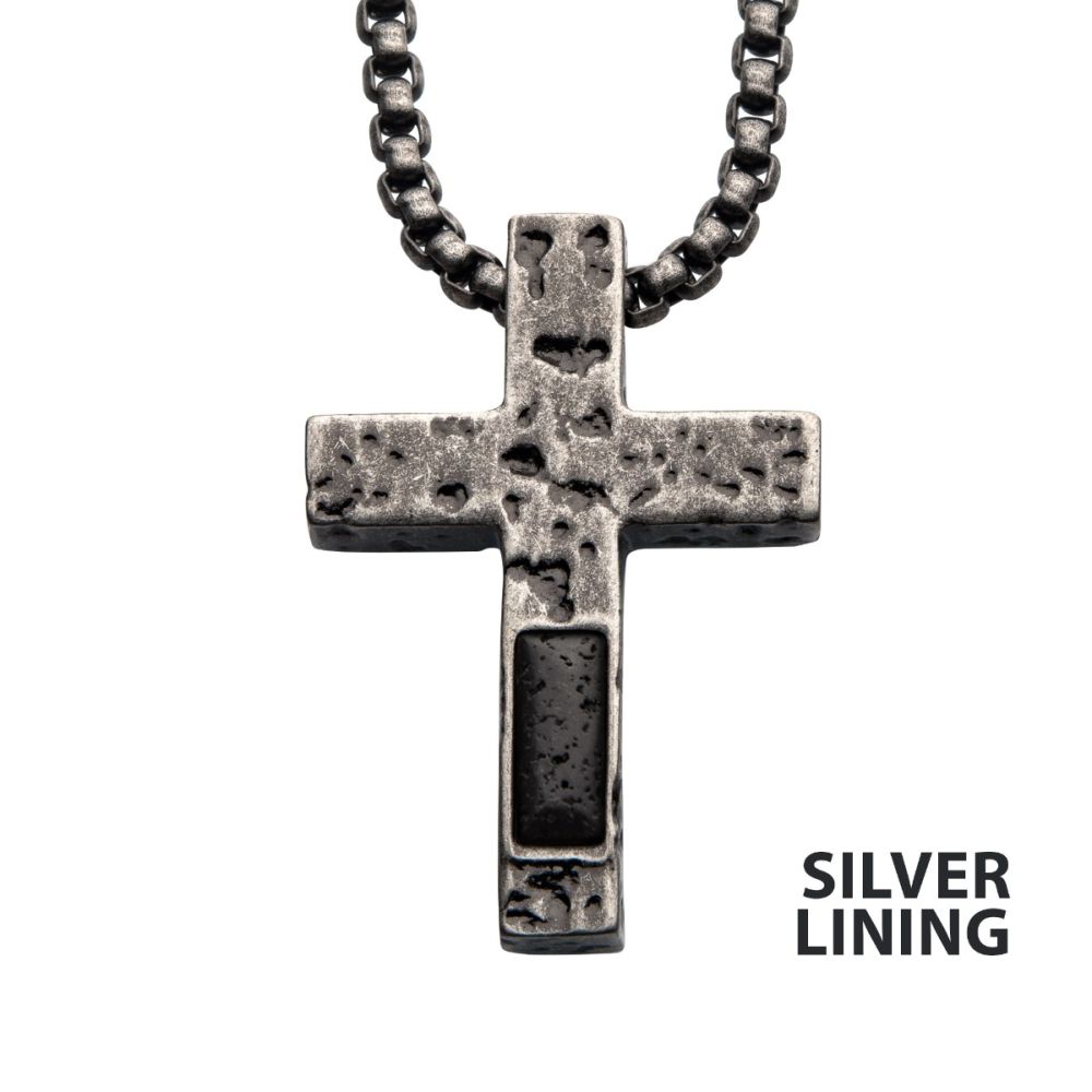Stainless Steel Silver IP Cross Pendant with Lava Stone Pendant 24"
